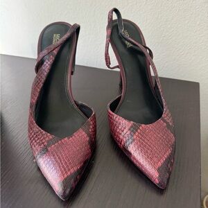 Michael Kors red burgundy snakeskin leather sling back d’orsay heels pumps